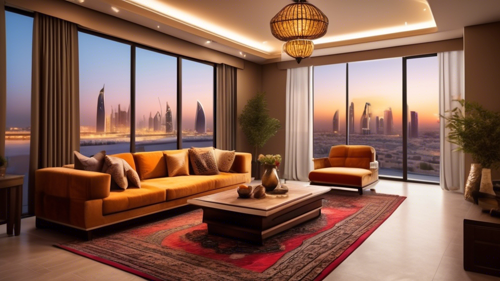 Create an image depicting a modern and stylish short-term rental apartment in Bahrain. The apartment should have a blend of traditional Middle Eastern desi